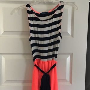 Navy blue striped dress with orange skirt